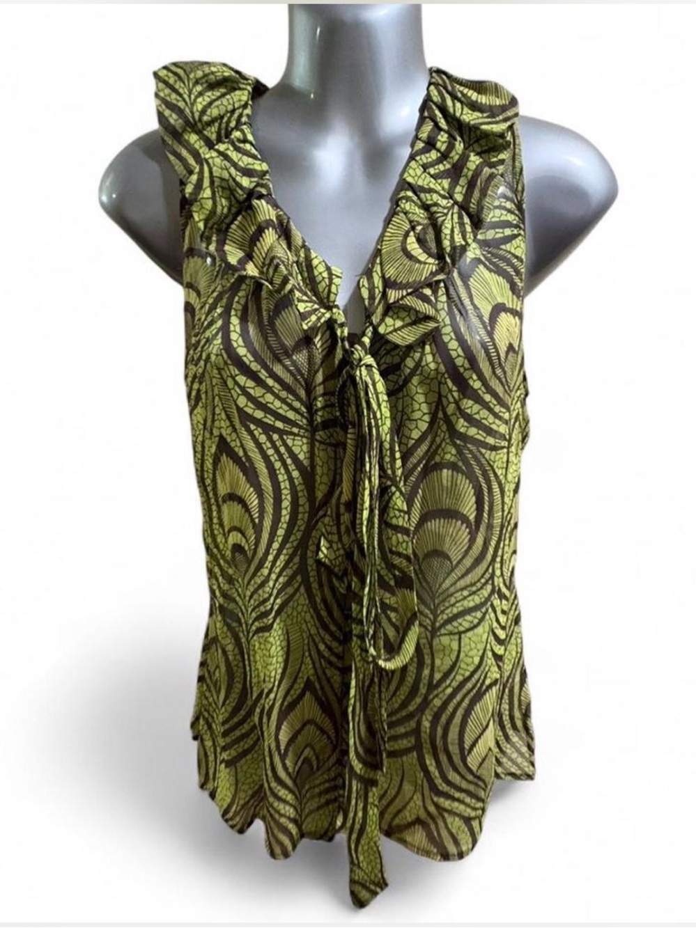 Silk Antonio Melani Sleeveless Ruffle Tie-Neck Top - Green Pattern M